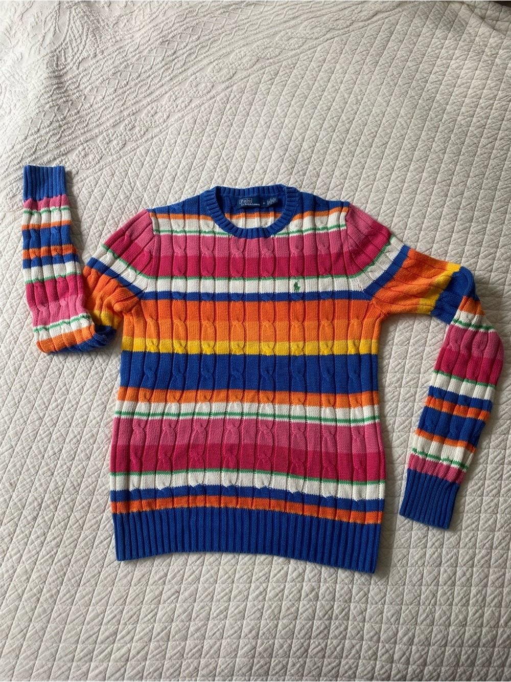 Polo Ralph Lauren Rainbow Striped Cable Knit Crewneck Cotton Sweater Pony Logo